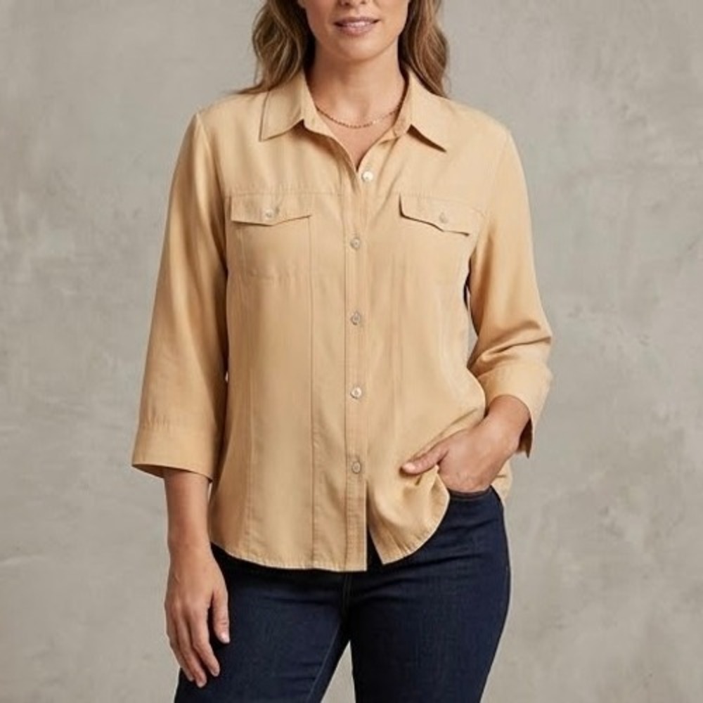 Dressbarn 90s Button Down Blouse Utility Pocket Tan Women's Size L